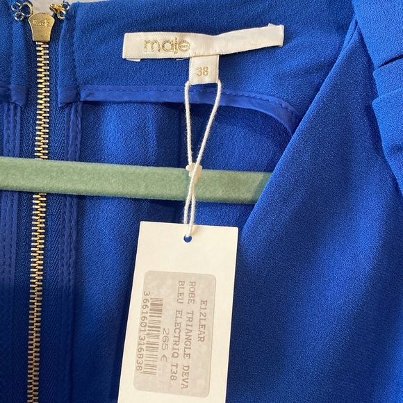 Maje Royal Blue Pyramid Inset Short Sleeve Pleated Dress 38 
Lined V-Neck Mini - Picture 6 of 9